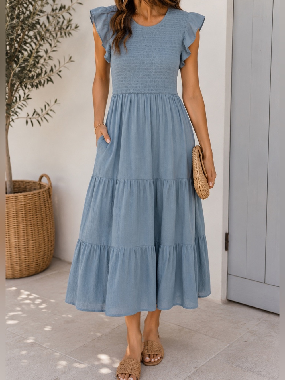 August Sky Blue Smocked Midi Dress M Flutter Sleeve Tiered Sorority Rush Cottage